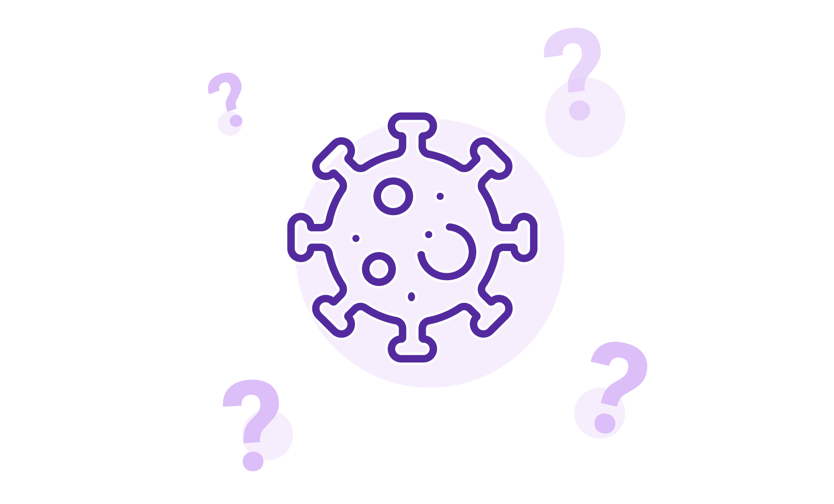 COVID virus illustration surrounded by question marks