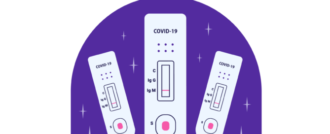 Illustration of three COVID antibody tests with varying results, on a purple background with white sparkles.