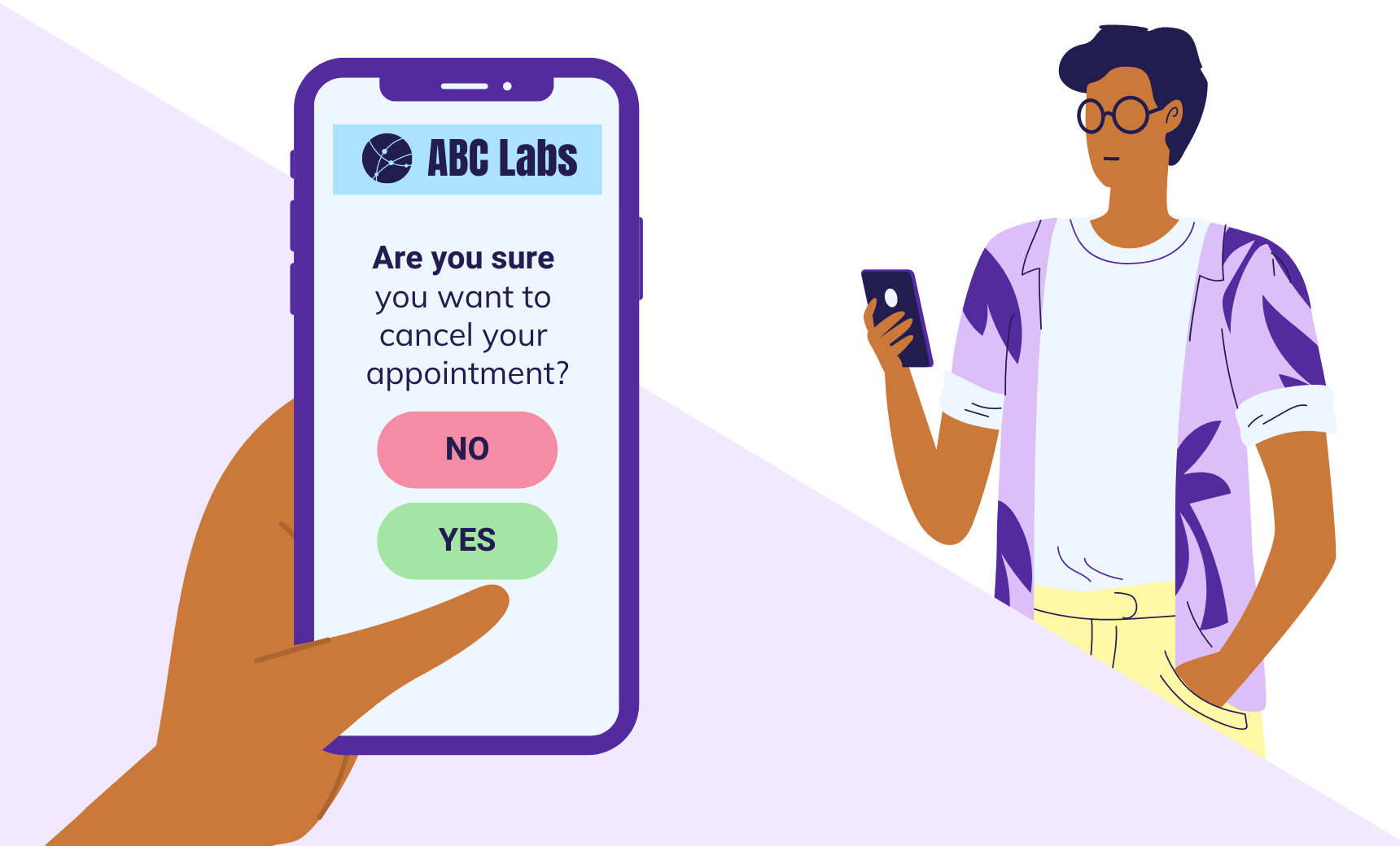 Illustration of a patient looking at a phone, with a phone screen showing the message, “Are you sure you want to cancel your appointment?”