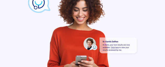 Photo of woman smiling at smartphone, receiving a notification from her MinuteMed doctor.