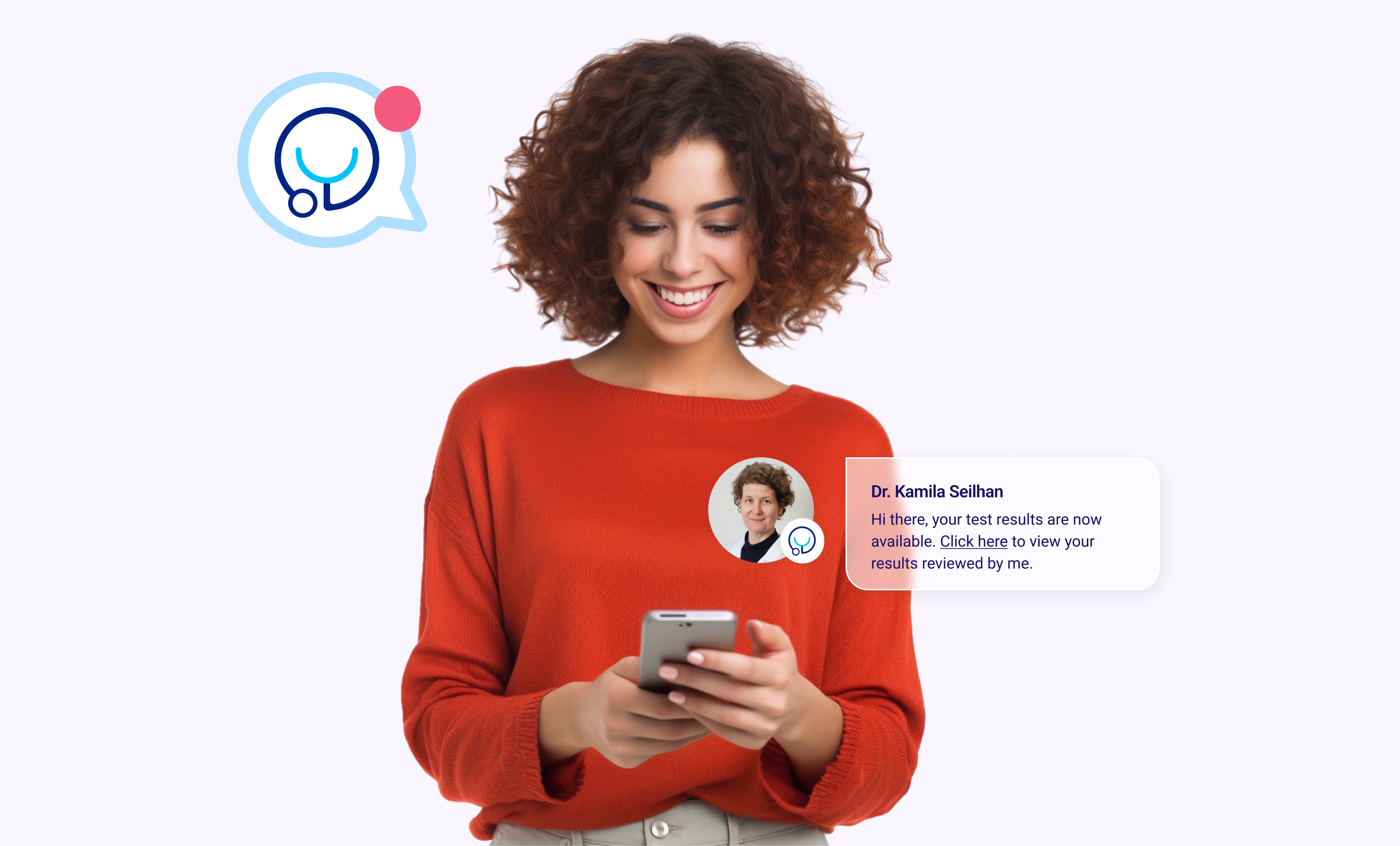 Photo of woman smiling at smartphone, receiving a notification from her MinuteMed doctor.